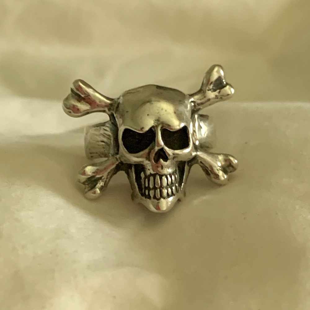 Unisex Handmade sterling silver skull and cross bones ring tombstone silverworks